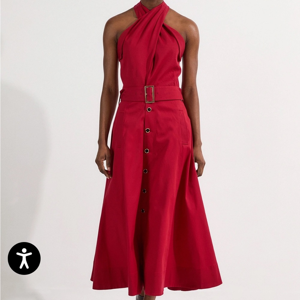 Karen Millen Crimson Halter Belted Button-Front Maxi Dress